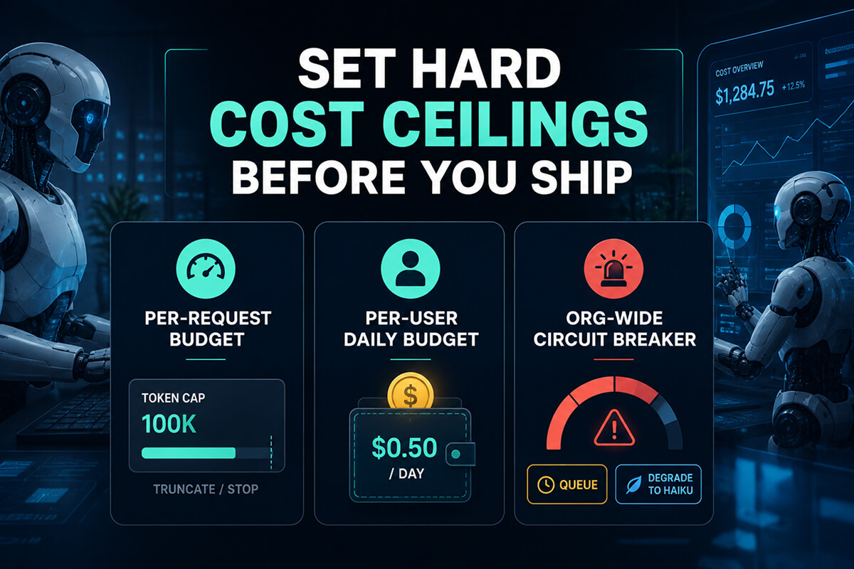 AI cost control dashboard with robots and budget alerts.