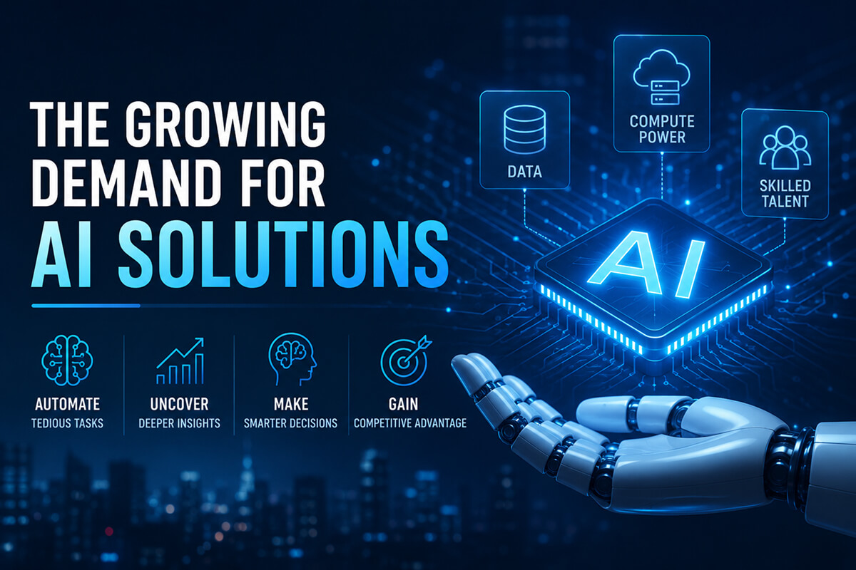 Futuristic AI banner with glowing chip and robotic hand.