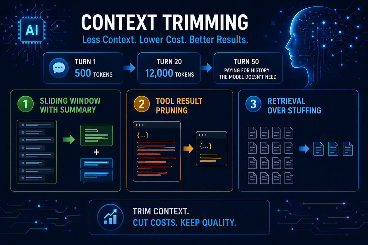 AI infographic on context trimming for lower token costs.